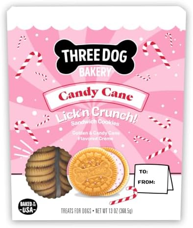 Three Dog Bakery Candy Cane Lick’n Crunch! Christmas Dog Treats, Crunchy Holiday Cookies with Vanilla Crème & Candy Cane Bits, Stocking Stuffer Dog Treats, Baked in the USA, 13 oz by ThreeDogBakery