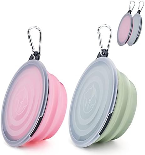 SLSON Collapsible Pet Feeder, 2 Pack Dog Bowls with Cover Lids, Portable Foldable Cat Water Dish Bowl for Pets, Small, Fairy Pink and Sprout Green by SLSON