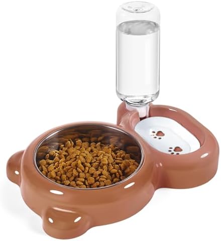 Dog Bowls, Cat Food and Water Bowl Set with Water Dispenser and Stainless Steel Bowl for Cats and Small Dogs - Brown by Azwraith