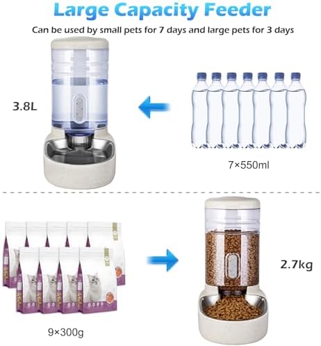 Automatic Cat Feeder and Water Dispenser with Stainless Steel Bowl Gravity Food Feeder and Waterer Set for Small Medium Dog Puppy Kitten 1 Gallon x 2(Beige) - Image 3