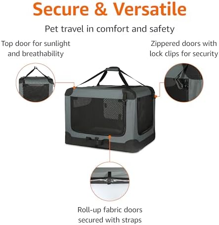 Amazon Basics 4-Door Portable Folding Soft Dog Crate, Collapsible Travel Kennel for Cat, Dog, and Other Small Animals, Pop Up with Easy Transportation, Grey, M 30" x 21" x 21" - Image 2