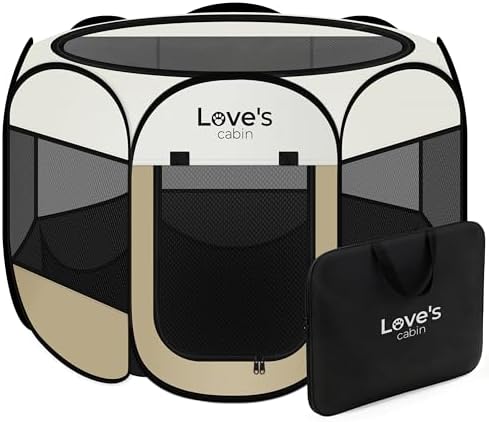 Love's cabin Pet Puppy Dog Playpen, Medium Dog Tent Crates Cage Indoor/Outdoor, Portable Playpen for Cat, Foldable Pop Up Dog Kennel Playpen with Carring Case, Removable Zipper Top, Khaki by Lovescabin