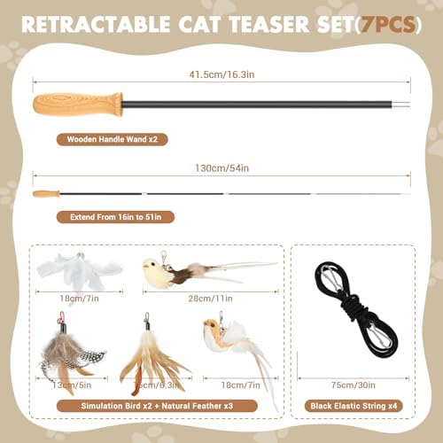ROSAUI Cat Teaser Wand Toys, Interactive Bird Toy for Indoor Kittens, 53.15’’ Long Cat Fishing Pole Toys, 2X Wires and 5X Natural Refills, Sustainable Wooden Handles, Exercising, Playing - Image 2