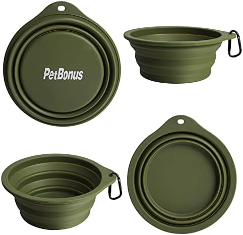 PetBonus 2-Pack Silicone Collapsible Dog Bowls, BPA Free Dishwasher Safe, Portable Foldable Expandable Travel Bowl, Food Water Feeding Cup Dish for Dogs Cats with 2 Carabiners (Army Green, Navy Blue) - Image 2