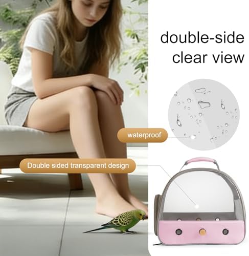 Bird Carrier, Portable Small Bird Parrot Parakeet Carrier with Standing Perch and Mat, Side Access Window Collapsible (Pink, Clear Windows) - Image 6