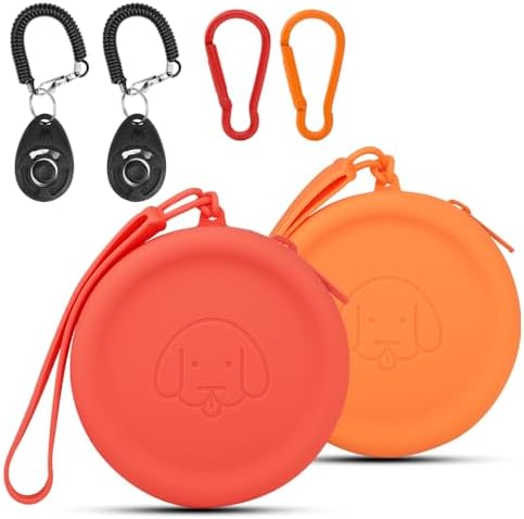 WALLFID Silicone Dog Treat Pouch Small Bag,2PCS Pet Walking Bag for Dog and Cat,Pocket Size,Easy to Clean,Odorless,Zipper Design,Moisture-Proof,Travel Walking Bag,Portable Training Bag. (Orange&Red) by WALLFID