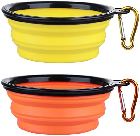 Dog Bowl Pet Collapsible Bowls, 2 Pack Collapsible Dog Water Bowls for Cats Dogs, Portable Pet Feeding Watering Dish for Walking Parking Traveling with 2 Carabiners (Small, Orange+Yellow) by SLSON