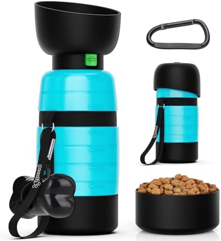 Pecute Dog Water Bottle Portable 22 oz with 5 oz Food Container, Poop Bag Holder, Portable Dog Water Bottle Dispenser, Leakproof, Lightweight, Pet Water Bottle for Dogs Outdoor Travel Walking by pecute