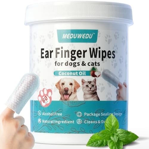 MEDUWEDU Ear Cleaner Finger Wipes 60 Counts, Dog Ear Cleaner, Grooming Kit Care for Dogs and Cats, Soft & Easy Otic Cleaning Pads, Remove Wax, Dirt & Stop Smelly, Itchy, Non-Irritating, Mint Scent by MEDUWEDU
