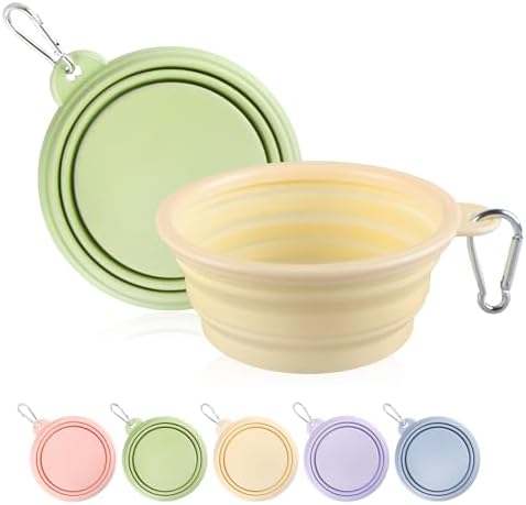 Collapsible Dog Bowls 2-Pack, Portable Travel Dog Bowl with Carabiner, Food-Grade Silicone Pet Bowl for Hiking, Walking(Macaron Yellow and Green) by TECOPH
