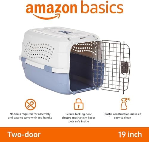 Amazon Basics 2-Door Top-Load Hard-Sided Pet Travel Carrier for Cats and Small Dogs, 19" L x 12.6" W x 10" H, Gray & Blue - Image 2