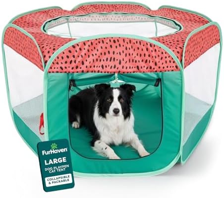 FurHaven Soft-Sided Dog & Cat Playpen, Portable Foldable Indoor & Outdoor Pet Playpen with Mesh Windows & Zippered Door, Green & Pink, Large by FurHaven