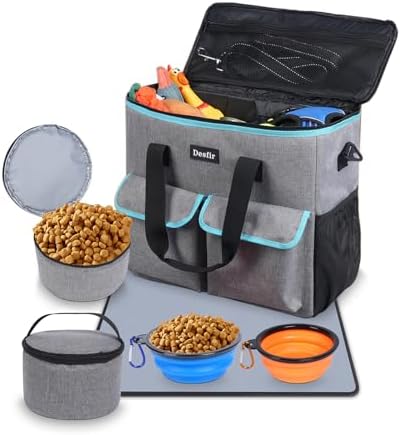 Dog Travel Bag - Dog Travel Kit for a Weekend Away Set Includes Pet Travel Bag Organizer for Accessories, 2 Collapsible Bowls, 2 Travel Food Container by Handor