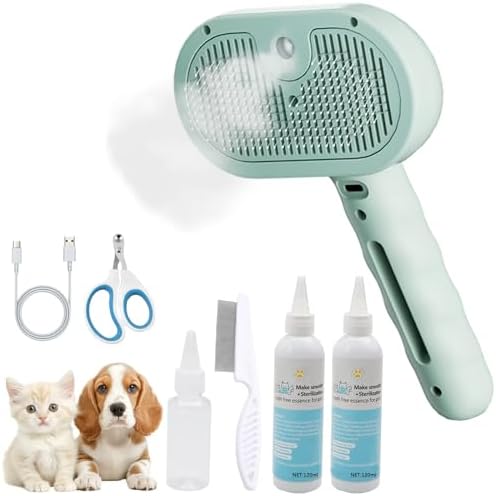 Pet Grooming Kit for Dogs & Cats – Self Cleaning Steam Brush with Cool Mist Spray, Nail Clippers, Flea Comb & 2 Waterless Shampoo Bottles – Quiet Deshedding Slicker Brush for Long & Short Haired Pets by Unknown