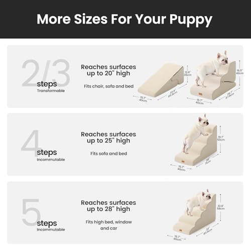 Gardner Pet Dog Stairs for Small Dogs 16.5" H, 2 in 1 Transformable 3-Step Pet Stairs and Dog Ramp for Couch (13-20 in), Beige Adjustable Pet Steps with Non-Slip Waterproof Cover and CertiPUR-US Foam - Image 3