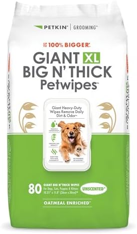 Petkin Giant XL Big N’ Thick PetWipes - 80 Wipes - Unscented - Pet Wipes for Dogs and Cats - for Face, Paws, Ears, Body & Eye Area - Super Convenient Dog Cleaning Wipes by Petkin