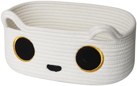 White Cat Toy Basket, Small Woven Cat Toy Storage Box with Cute Ears Handle Indoor, Cotton Rope Storage Bin with Embroidered Face for Home Decor, Pet Bed, Baby Nursery Kids Room Organization by Unknown