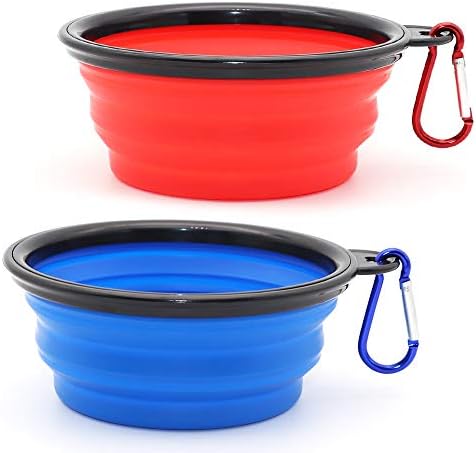 Dog Bowl Pet Collapsible Bowls, 2 Pack Collapsible Dog Water Bowls for Cats Dogs, Portable Pet Feeding Watering Dish for Walking Parking Traveling with 2 Carabiners (Small, Blue+Red) by SLSON