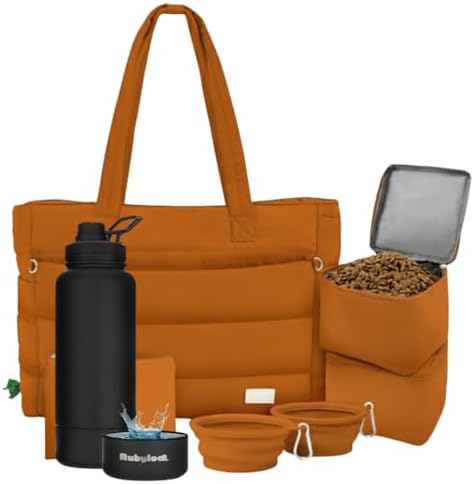 Rubyloo Dog Mom Essentials Bundle - Puffer Tote with Storage Containers (Rust) and 32 oz Water Bottle with Detachable Bowl (Solid Black) - Travel Bag and Hydration Set by Rubyloo