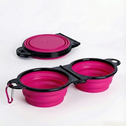 Double Collapsible Dog Bowls for Travel, Food and Water Set with Clip, Pink - Image 2