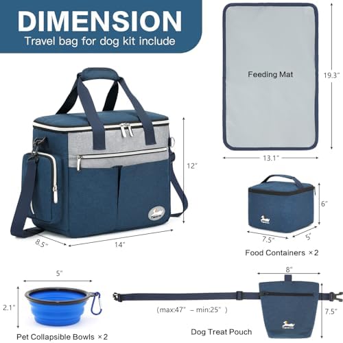 Dog Travel Bag for Pet Kit for Supplies with 2 Food Storage Containers 2 Collapsible Bowls 1 Feeding Mat 1 Dog Treat Pouch 7-Piece Set Perfect Road Trips Camping Weekend (Navy Blue) - Image 6