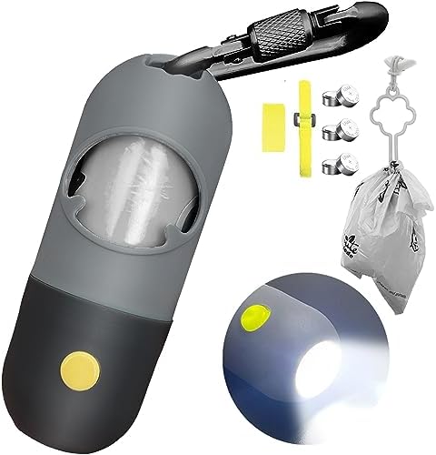 Dog Poop Bag Dispenser with Built-in LED Flashlight and Metal Clip for Leash, Pet Waste Bag Holder, Dog Walking Accessory (Black) by Infinite+Node