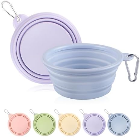 Collapsible Dog Bowls 2-Pack, Portable Travel Dog Bowl with Carabiner, Food-Grade Silicone Pet Bowl for Hiking, Walking (Macaron Blue and Violet) by TECOPH