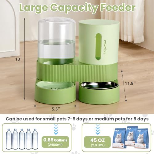 Automatic Cat Feeder Stainless Steel Water Dispenser Gravity Food Feeder and Waterer Set with Pet Food Bowl for Small Medium Kitten Puppy Pets Large Capacity(Green) - Image 2