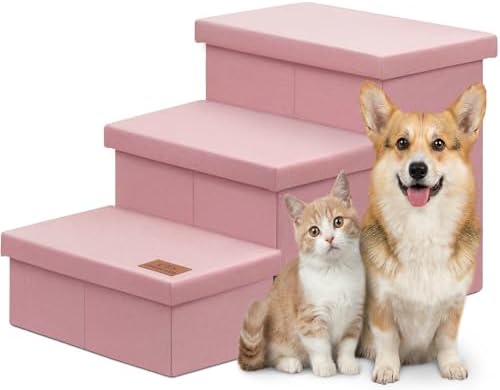 Zerbuger Dog Stairs with Storage, Pink 3 Steps Dog Ramp no Condo for Bed by Zerbuger