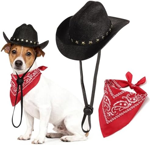 Pet Cowboy Costume, Dog Cowboy Hat with Bandana Scarf, Adjustable Cat Cowboy Hat for Party Cosplay Christmas, Halloween Cowboy Costumes for Small Pet Dogs Cats (Black, Medium) by Unknown