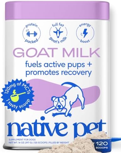 Native Pet Goat Milk Powder - Dog Food Topper for Active Dogs - Post-Activity Recovery, Energy, Immune Support, Hydration & Bone Health - Whole Goat Milk with MCTs & Essential Minerals - 120 Scoops by NativePet