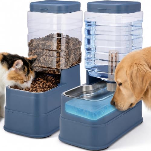 2 Pack Automatic Cat Feeder and Water Dispenser 1.3Gallon Dog Gravity Food Feeder and Water with Ice Pack Stainless Steel Dry Food and Waterer Bowl for Small Medium Large Pets (Blue) by Pawzone