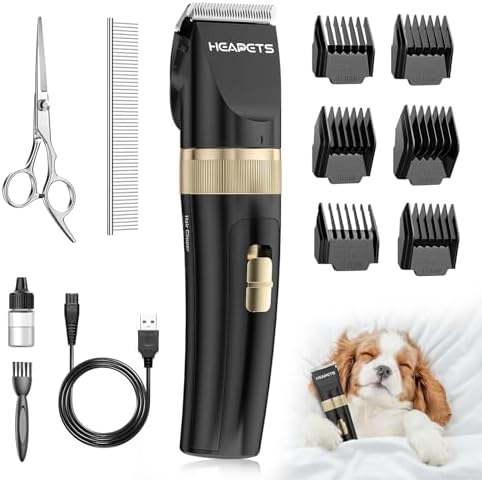 HEAPETS Dog Clippers for Grooming, Low Noise, Electric Quiet, Adjustable Clipper Comb, Rechargeable Cordless Dog Hair Clippers for Dogs Cats Pets, Black by Heapets
