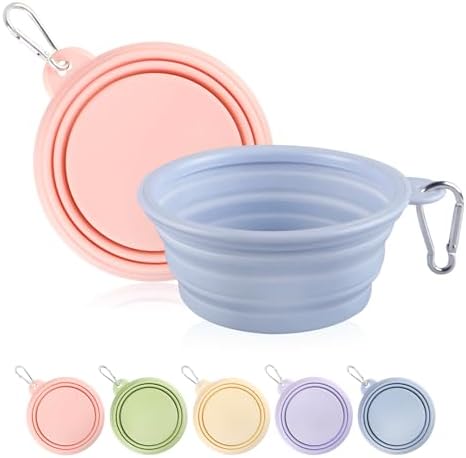 Collapsible Dog Bowls 2-Pack, Portable Travel Dog Bowl with Carabiner, Food-Grade Silicone Pet Bowl for Hiking, Walking(Macaron Pink and Blue) by TECOPH