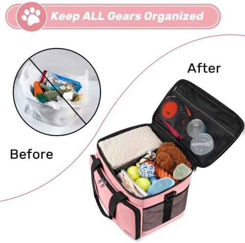 6 Set Dog Travel Bag, Large Pet Travel Kit for Supplies, Pink - Image 5