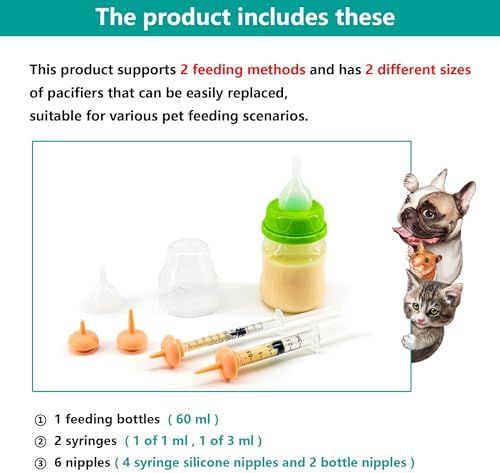 Pet Feeding Bottle and Syringe Set for Puppies and Kittens(1 Bottles,2 Syringes,6 Nipples), Green - Image 4