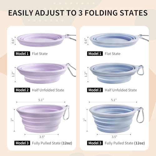 Collapsible Dog Bowls 2-Pack, Portable Travel Dog Bowl with Carabiner, Food-Grade Silicone Pet Bowl for Hiking, Walking (Macaron Blue and Violet) - Image 6