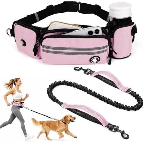 Hands Free Dog Leash with Dog Walking Fanny Pack, Pink by COOWONE