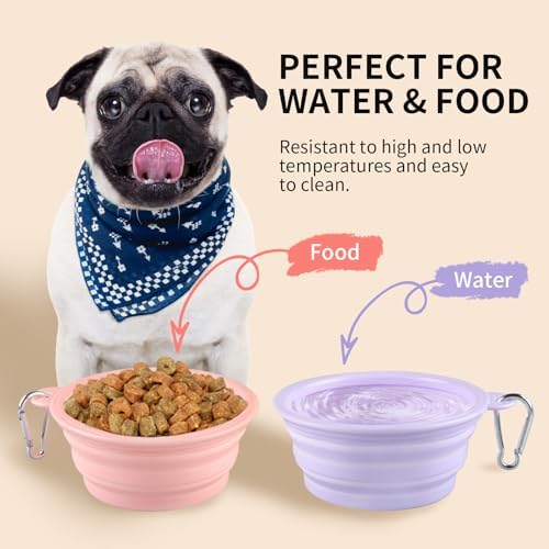 Collapsible Dog Bowls 2-Pack, Portable Travel Dog Bowl with Carabiner, Food-Grade Silicone Pet Bowl for Hiking, Walking (Macaron Pink and Violet) - Image 3