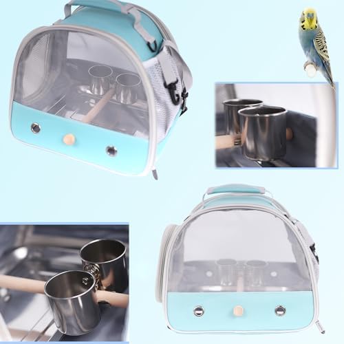 Bird Carrier, Portable Small Bird Parrot Parakeet Carrier with Standing Perch and Stainless Steel Tray, Side Access Window Collapsible (Silver, Clamp Cups) - Image 3