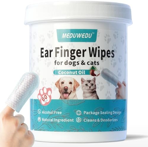 MEDUWEDU Ear Cleaner Finger Wipes 60 Counts, Dog Ear Cleaner, Grooming Kit Care for Dogs and Cats, Soft & Easy Otic Cleaning Pads, Remove Wax, Dirt & Stop Smelly, Itchy, Non-Irritating, Coconut Scent by MEDUWEDU