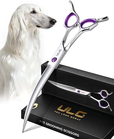 ULG 30° Curved Dog Grooming Scissors 440C Stainless Steel, 7.5" Professional Pet Grooming Shears with Reversible Butterfly Handles, Dog Scissors for Grooming Face, Eyes, Paws & Body by ULG