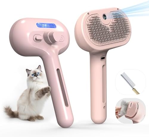Pet Grooming Brush with Electronic Mist Spray - Gentle Deshedding Tool for Cats & Dogs, Pet Steam Brush，Reduces Shedding, Soft Bristles, Promotes Healthy Coat-Comes with a hair smoothing comb-Red by Eilimy