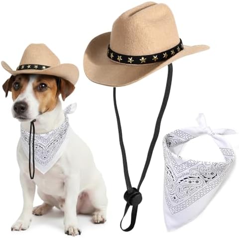 Pet Cowboy Costume, Dog Cowboy Hat with Bandana Scarf, Adjustable Cat Cowboy Hat for Party Cosplay Christmas, Halloween Cowboy Costumes for Small Pet Dogs Cats (Khaki, Medium) by Unknown