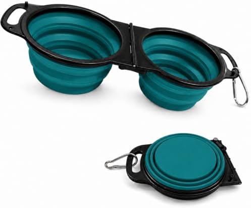 Double Collapsible Dog Bowls for Travel, Food and Water Set with Clip, Teal by 7CAIHOME