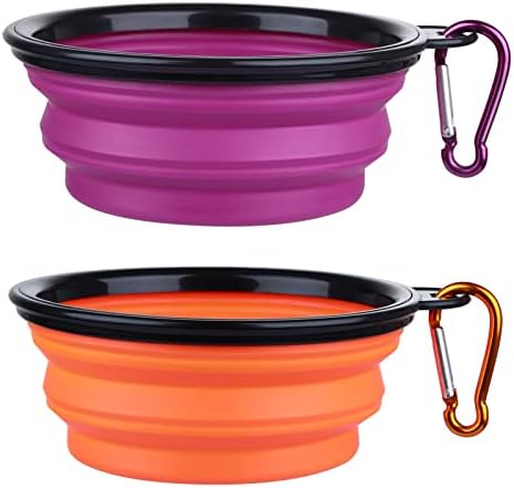 Dog Bowl Pet Collapsible Bowls, 2 Pack Collapsible Dog Water Bowls for Cats Dogs, Portable Pet Feeding Watering Dish for Walking Parking Traveling with 2 Carabiners (Small, Orange+Purple) by SLSON