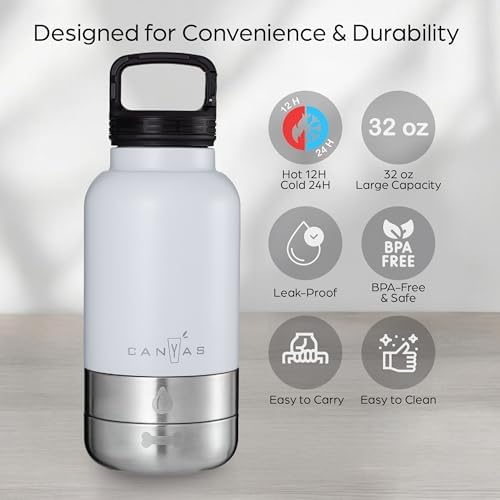 32oz Insulated Dog Water Bottle, Leak Proof with Food & Water Bowls - Image 2