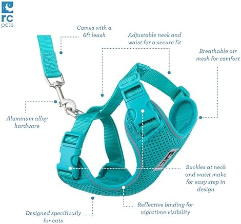 RC Pets Adventure Kitty Harness Includes Adjustable, Airmesh Fabric, 6' Leash and D-Ring Cat Walking Harness | Teal, Medium - Image 6