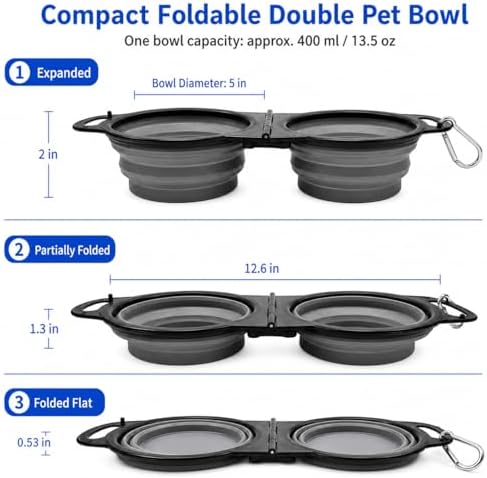 Double Collapsible Dog Bowls for Travel, Food and Water Set with Clip, Gray - Image 2