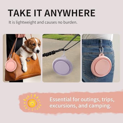 Collapsible Dog Bowls 2-Pack, Portable Travel Dog Bowl with Carabiner, Food-Grade Silicone Pet Bowl for Hiking, Walking (Macaron Pink and Violet) - Image 5